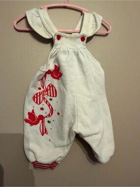 Vintage White Infant Overalls with Red Bird & Bow Print